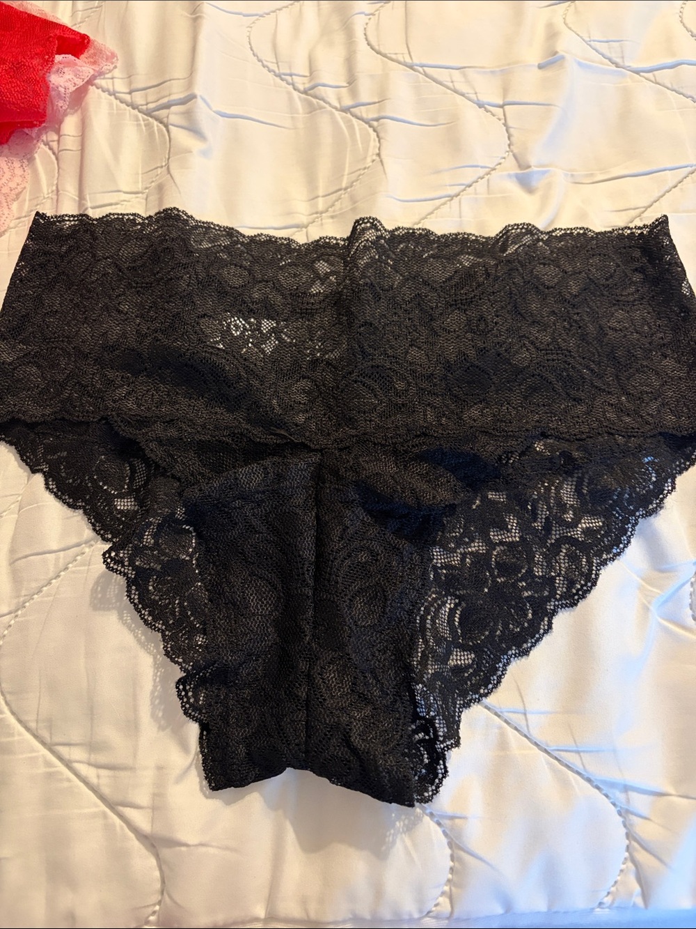 Quince Lace Cheeky 3 Panty Set — Red, Black & Pink. Large. Nylon/ spandex. - Picture 3 of 9